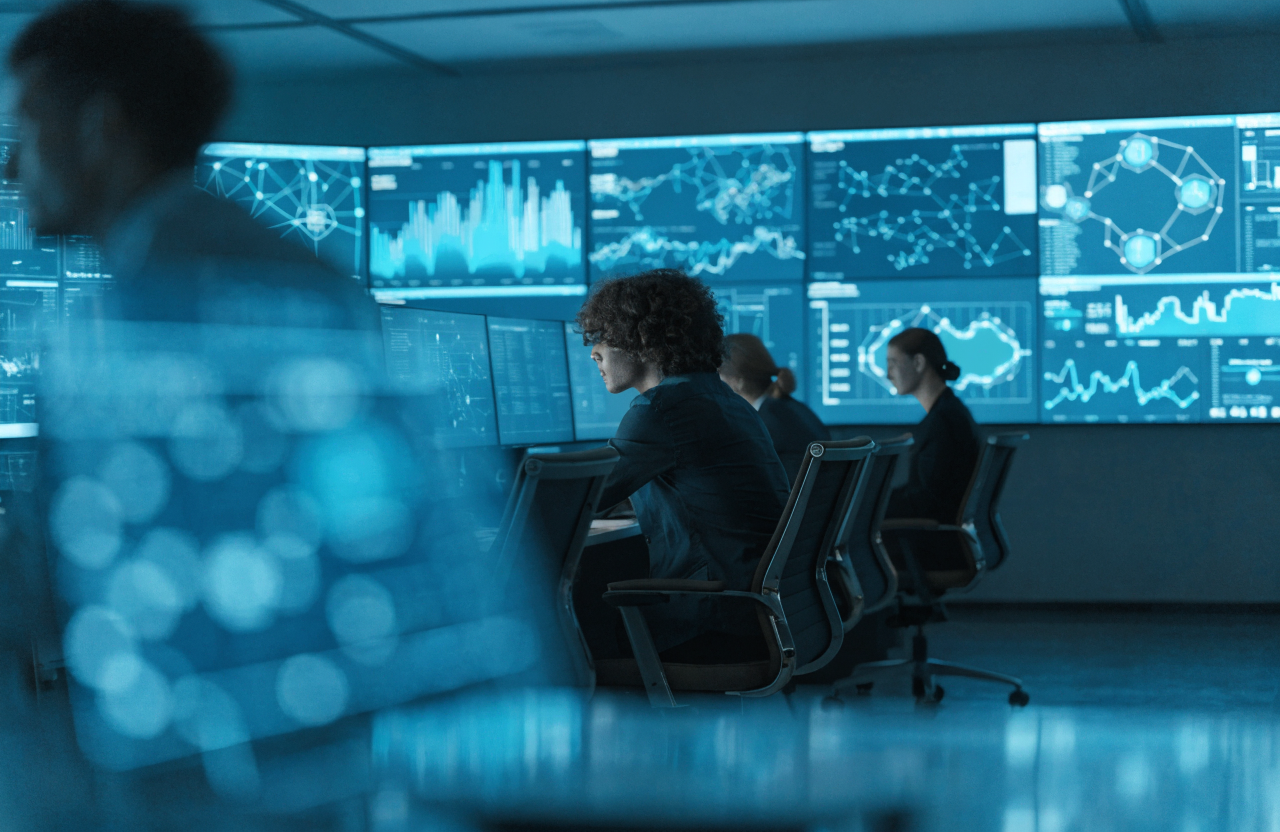 Analysts monitoring a cybersecurity operations centre